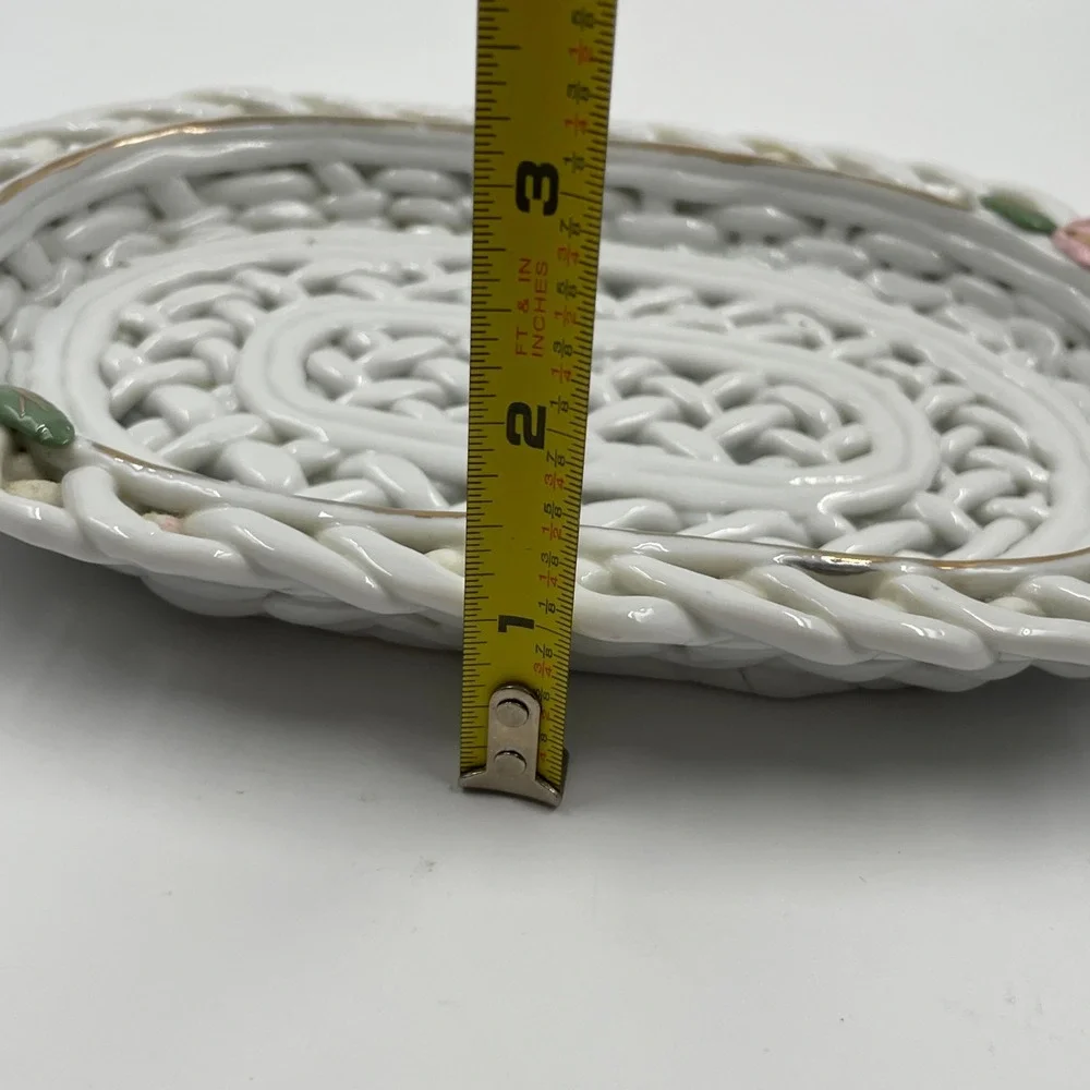 White Ceramic Lattice Woven Basket Oval Trinket Dish Pink Blue Applied Flowers